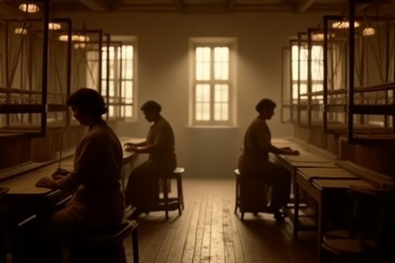 Régi magyar szövőműhely, homályos alakokkal, akik selymet szőnek historikus hangulatban