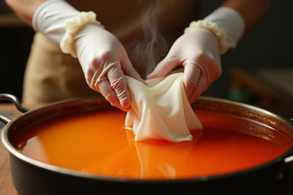 Természetes színezékekkel való festés, kezekkel, ahogy az anyagot belemerítik a festékbe