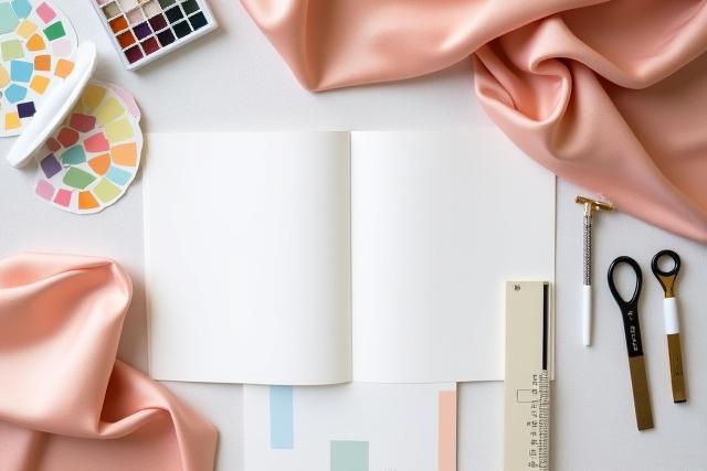 Tervezőasztal selyemszövet mintákkal és design vázlatokkal.