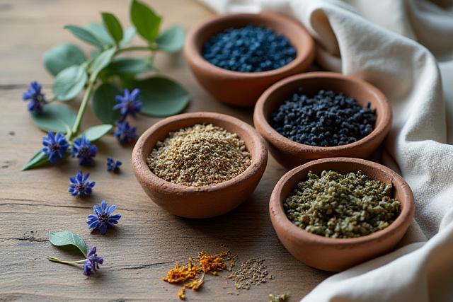 Természetes növényi festékanyagok a selyemfestéshez.