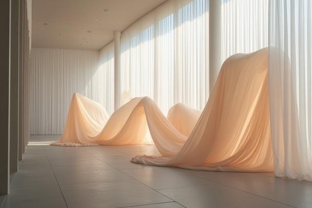 Légies, nagy textilművészeti installáció modern térben.