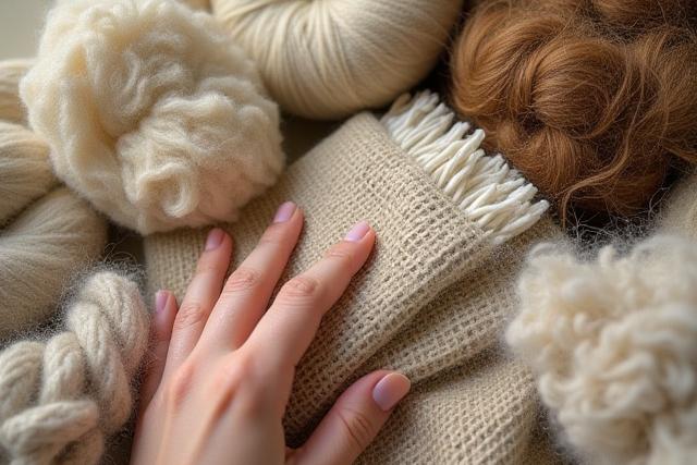 Különféle természetes rostok: gyapjú, len és kender fonál formájában.